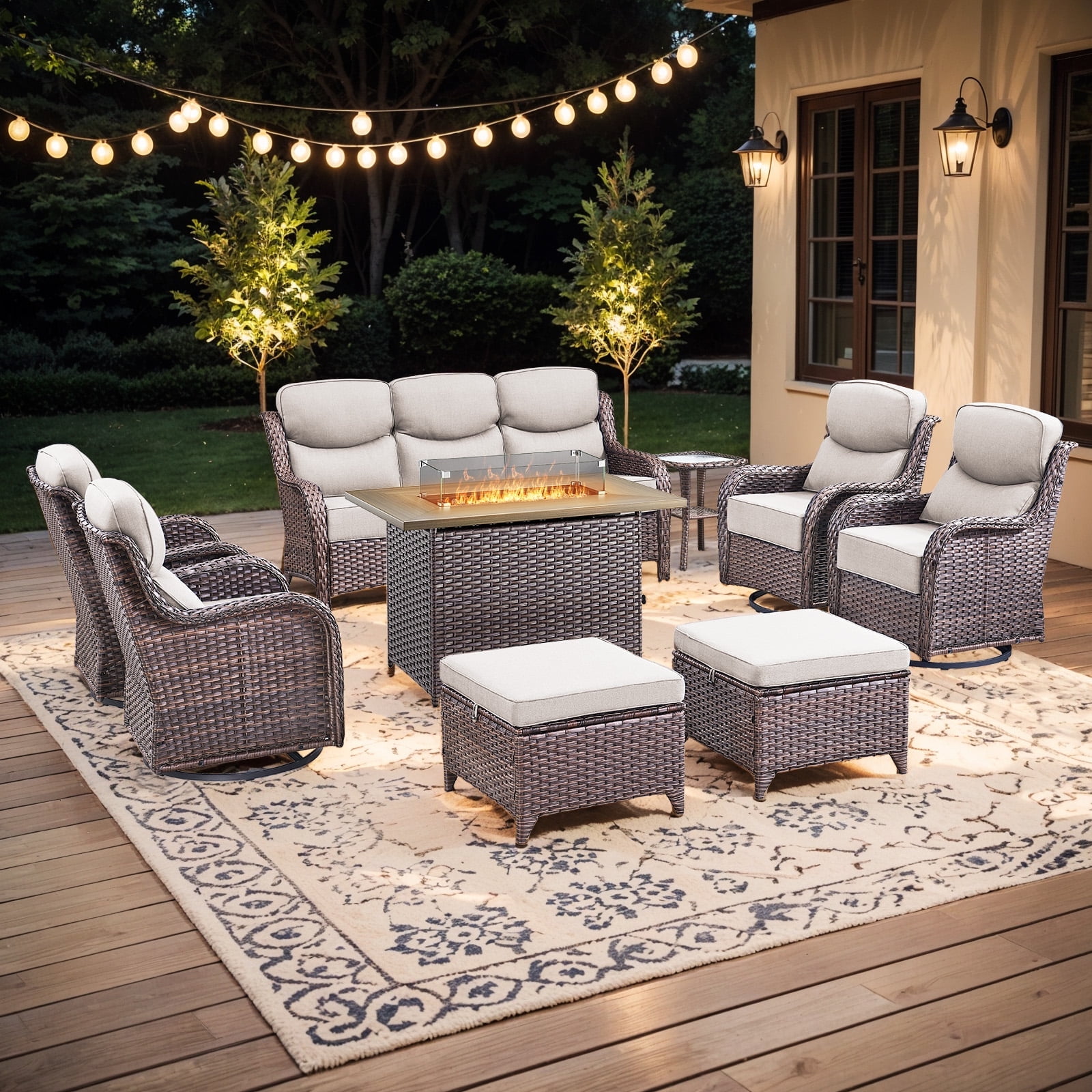 Planntonneo 9pcs Patio Furniture Set with Fire Pit Table, Rattan Sofa with Swivel Chairs, Ottomans, Side Table and 41" Propane Fire Table Rectangular, 6inch Thickened Beige Cushions, Brown Wicker