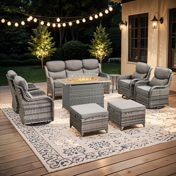 Planntonneo 9pcs Patio Furniture Set with Fire Pit Table, Rattan Sofa with Swivel Chairs, Ottomans, Side Table and 41" Propane Fire Table Rectangular, 6inch Thickened Grey Cushions, Grey Wicker