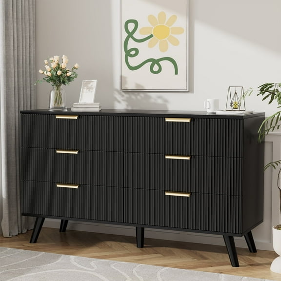 Planntonneo Boho Fluted 6 Drawers Dresser, Wooden Chests of Drawers TV Stand for Bedroom, Living Room, Entryway, Black