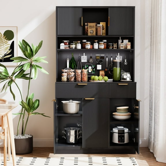 Planntonneo Boho Fluted Pantry Hutch Cabinet with Storage, Kitchen Organizers with Microwave Stand & Power Outlet, Black