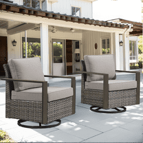Planntonneo Classic Swivel Glider Chair Set of 2, Patio Cushioned Lounge Swivel Rocker for Balcony Yard, Grey Wicker and Grey Cushions
