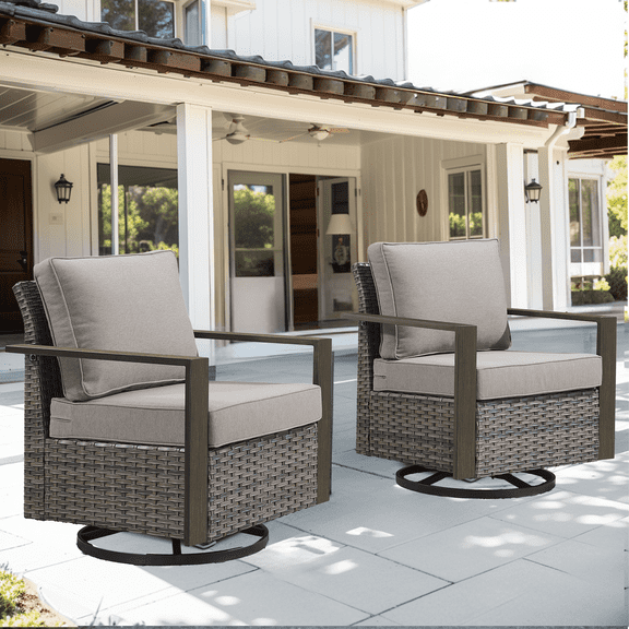 Planntonneo Classic Swivel Glider Chair Set of 2, Patio Cushioned Lounge Swivel Rocker for Balcony Yard, Grey Wicker and Grey Cushions