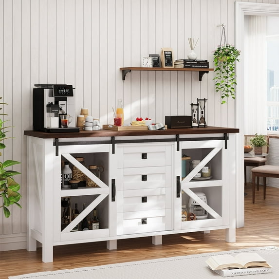 Planntonneo Farmhouse Sideboard Buffet Cabinet Wood Coffee Bar Table with Storage for Kitchen, Dining Room, White
