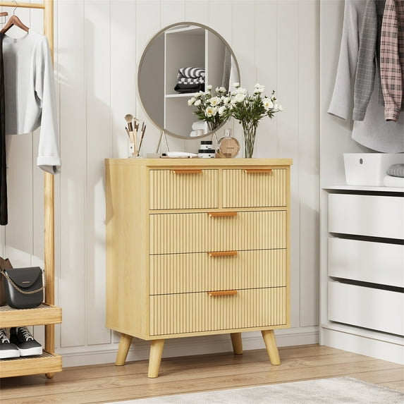 Planntonneo Fluted 5 Drawer Dresser, Chest of Drawers for Bedroom, Boho Storage Cabinet Dresser Organizer for Living Room, Closet, Hallway