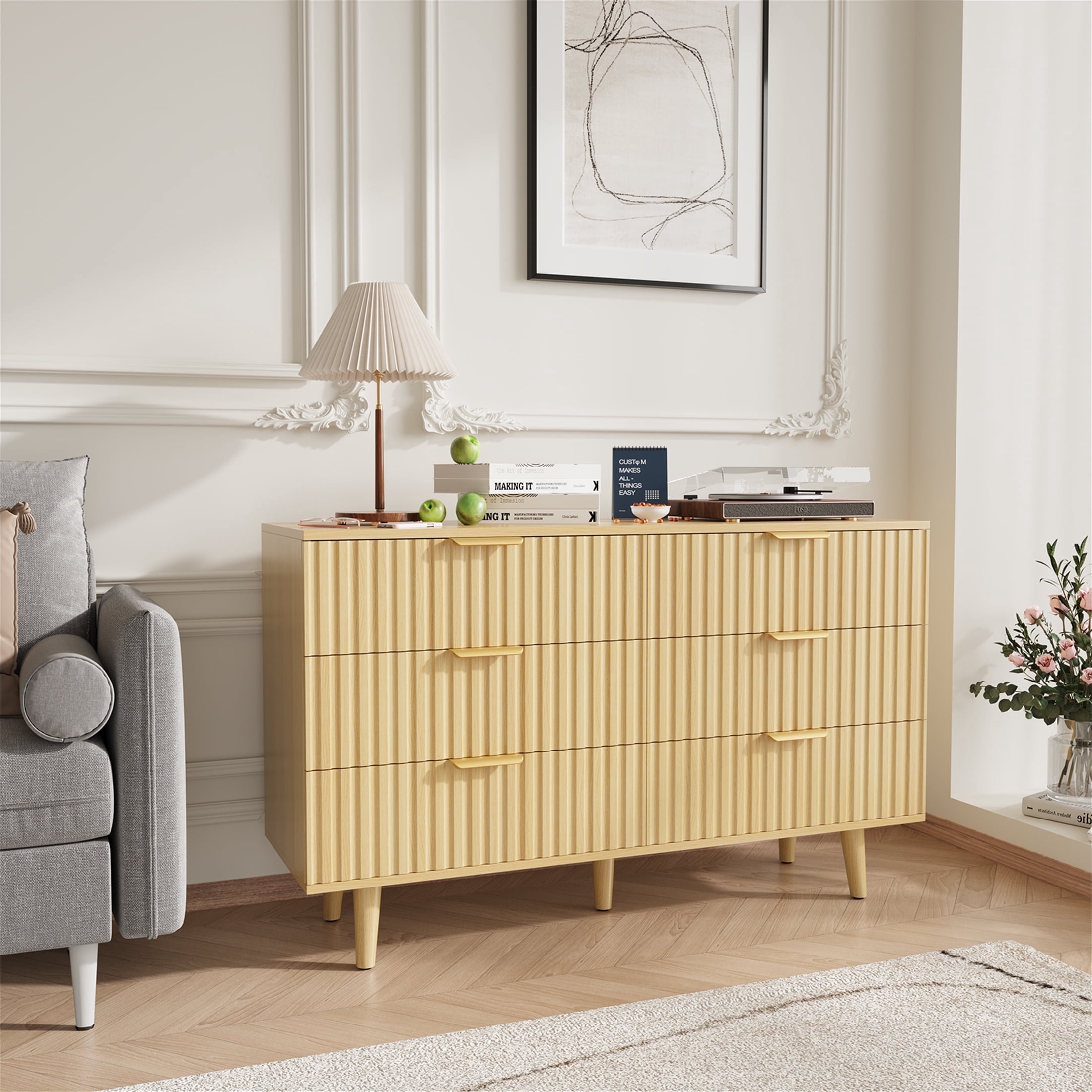 Planntonneo Fluted 6 Drawers Dresser, Wooden Chests of Drawers for Bedroom, Living Room, Entryway, Nature Wood Color