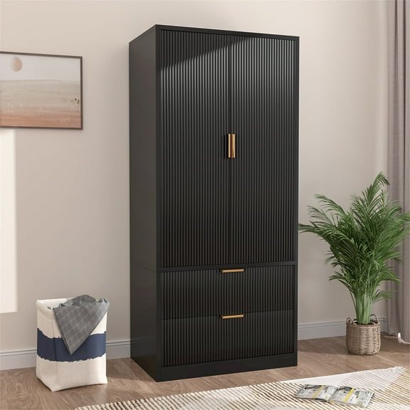 Planntonneo Fluted Armoire Wardrobe Closet Storage Cabinet with 2 Doors & 2 Drawers for Bedroom, Black