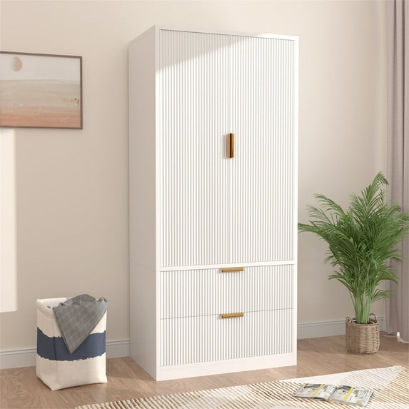 Planntonneo Fluted Armoire Wardrobe Closet Storage Cabinet with 2 Doors & 2 Drawers for Bedroom, White