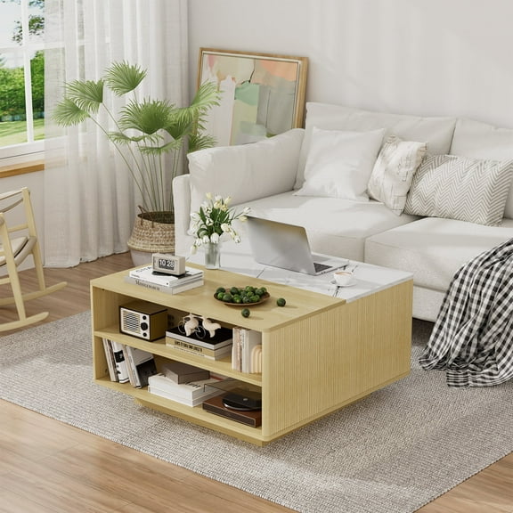 Planntonneo Fluted Lift Top Coffee Table with Storage, Boho Center Table with Hidden Compartment for Living Room