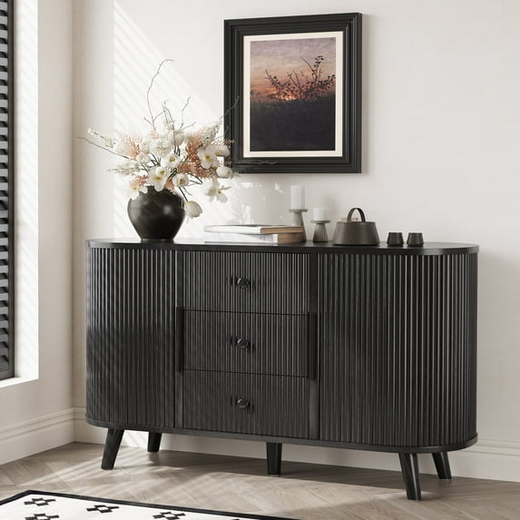 Planntonneo Fluted Sideboard Buffet Cabinet with Storage, Modern Accent Coffee Bar Console Table with Tambour Sliding Doors and Adjustable Shelves, for Kitchen Living Room, Black