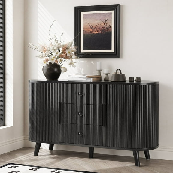 Planntonneo Fluted Sideboard Buffet Cabinet with Storage, Modern Accent Coffee Bar Console Table with Tambour Sliding Doors and Adjustable Shelves, for Kitchen Living Room, Black