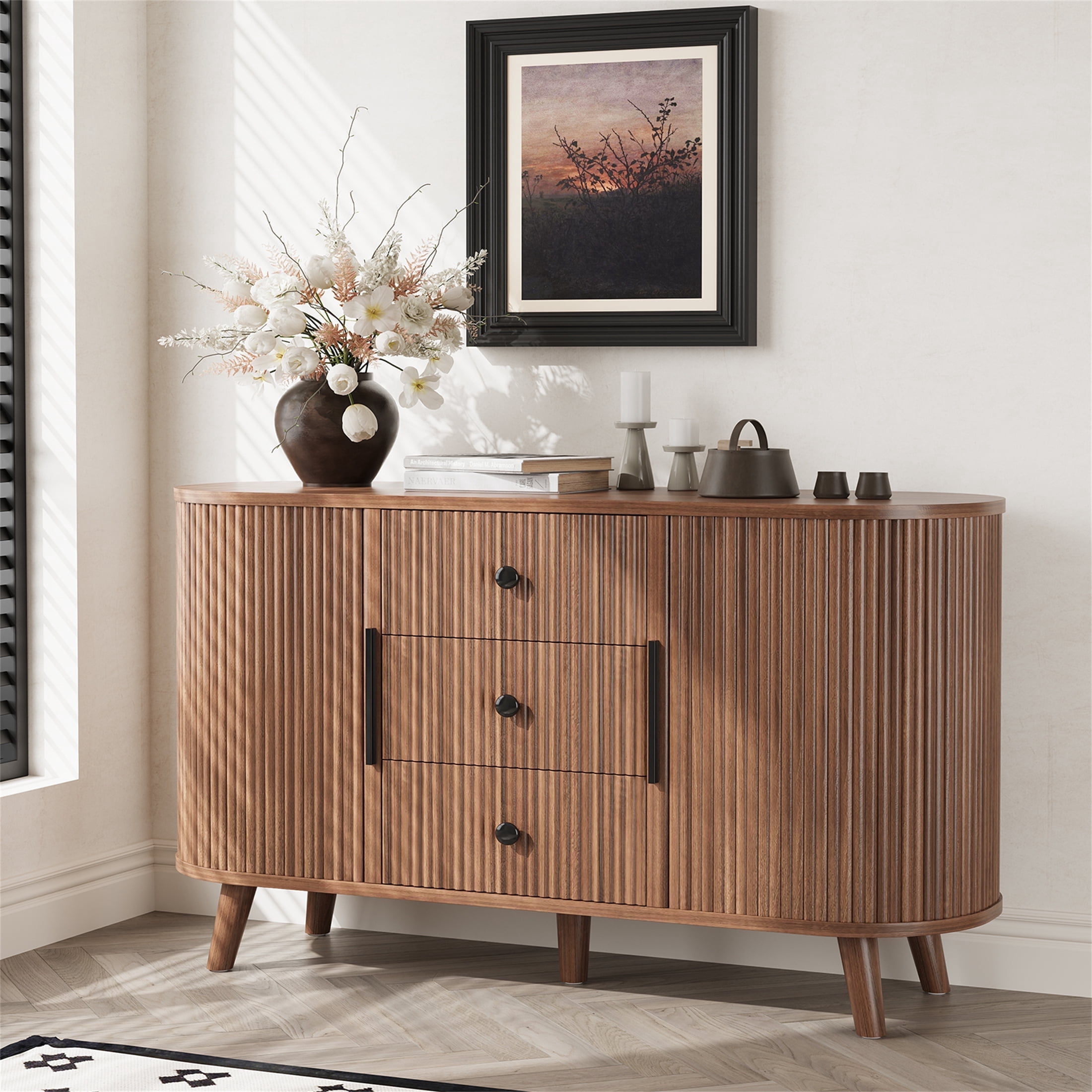 Planntonneo Fluted Sideboard Buffet Cabinet with Storage, Modern Accent Coffee Bar Console Table with Tambour Sliding Doors and Adjustable Shelves, for Kitchen Living Room, Walnut Color