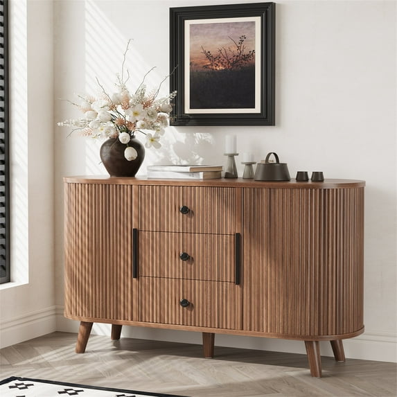 Planntonneo Fluted Sideboard Buffet Cabinet with Storage, Modern Accent Coffee Bar Console Table with Tambour Sliding Doors and Adjustable Shelves, for Kitchen Living Room, Walnut Color