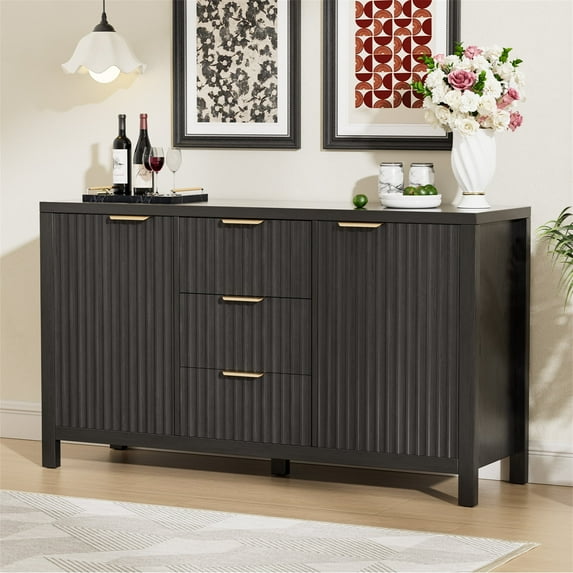 Planntonneo Fluted Sideboard Buffet Cabinet with Storage, Modern Credenza Cabinet with 3 Drawers for Kitchen, Entryway, Living Room, Black