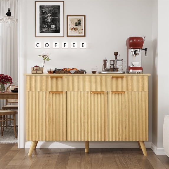 Planntonneo Kitchen Buffet Cabinet with Adjustable Shelf, 3-Doors 2 Drawers Wood Sideboard Storage Cabinet Coffee Bar for Living Room, Nature Wood Color