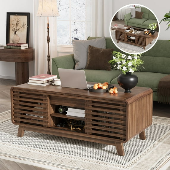 Planntonneo Mid Century Coffee Table with Storage, Modern Center Table with Sliding Cabinet for Living Room, Walnut Color