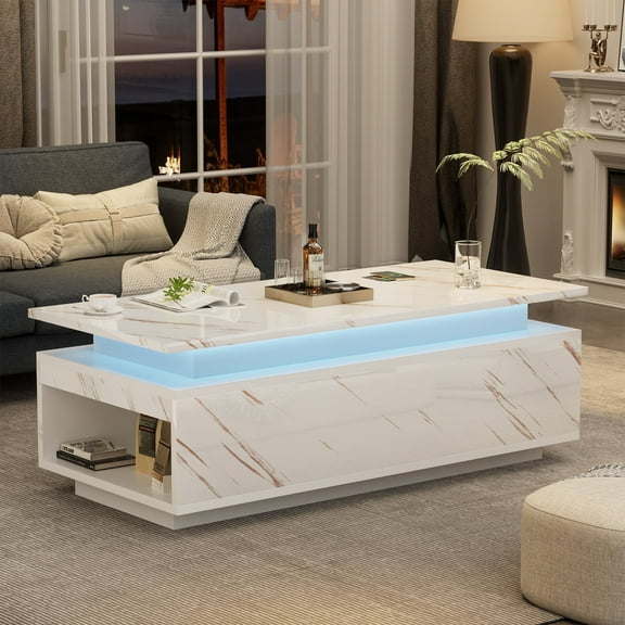 Planntonneo Modern LED Coffee Table with Wireless Charging & Speaker, Smart Center Table for Living Room, White