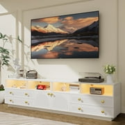 Planntonneo Modern Long LED TV Stand for 70 75 80 85 90 100-inch TVs, Media Console Entertainment Center with Drawers for Living Room, White