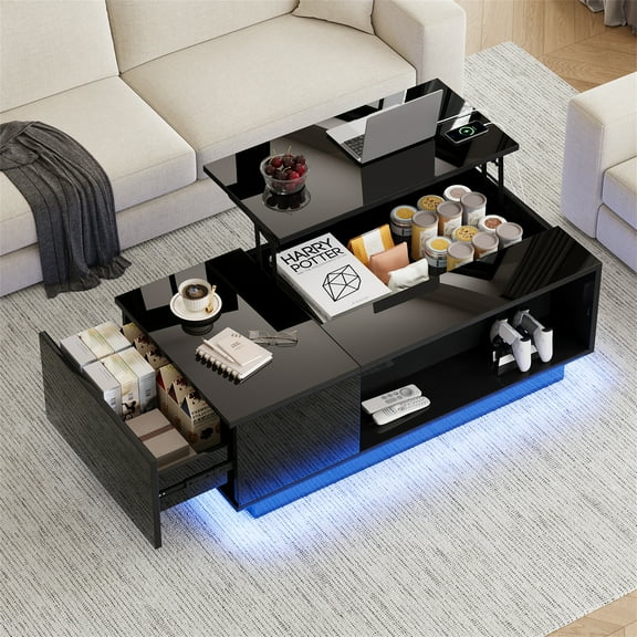 Planntonneo Modern Smart Led Coffee Table with Lift Top, Center Tea Cocktail Table for Living Room, Black