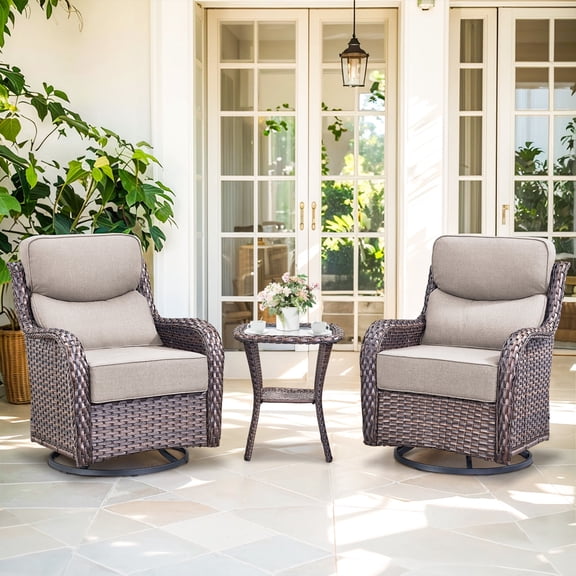 Planntonneo Outdoor Patio Swivel Rocker Chairs Set of 2 with 6-Inch Thick Cushion and Rattan Table, 3pcs Wicker Patio Conversation Set for Porch Balcony Deck, Brown/Beige