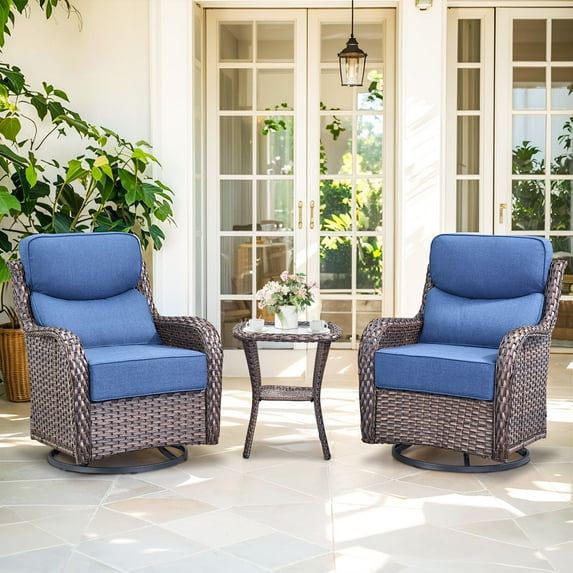 Planntonneo Outdoor Patio Swivel Rocker Chairs Set of 2 with 6-Inch Thick Cushion and Rattan Table, 3pcs Wicker Patio Conversation Set for Porch Balcony Deck, Brown/Blue