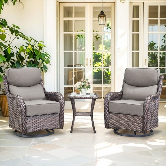 Planntonneo Outdoor Patio Swivel Rocker Chairs Set of 2 with 6-Inch Thick Cushion and Rattan Table, 3pcs Wicker Patio Conversation Set for Porch Balcony Deck, Brown/Grey