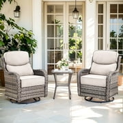 Planntonneo Outdoor Patio Swivel Rocker Chairs Set of 2 with 6-Inch Thick Cushion and Rattan Table, 3pcs Wicker Patio Conversation Set for Porch Balcony Deck, G