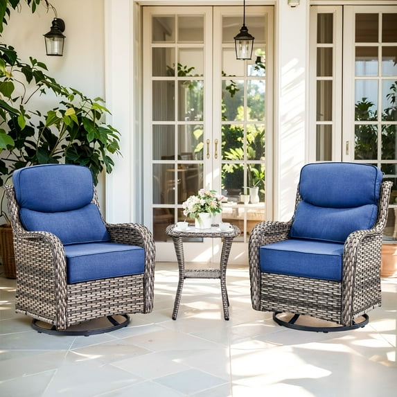 Planntonneo Outdoor Patio Swivel Rocker Chairs Set of 2 with 6-Inch Thick Cushion and Rattan Table, 3pcs Wicker Patio Conversation Set for Porch Balcony Deck, Grey/Blue