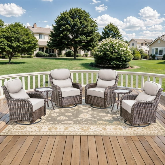 Planntonneo Outdoor Patio Swivel Rocker Chairs Set of 4 with 6-Inch Thick Cushion and 2 Rattan Table, 6pcs Wicker Patio Conversation Set for Porch Balcony Deck, Brown/Beige