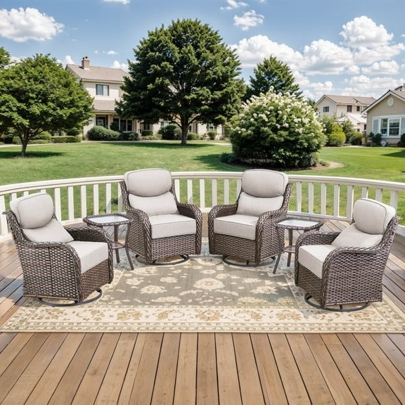 Planntonneo Outdoor Patio Swivel Rocker Chairs Set of 4 with 6-Inch Thick Cushion and 2 Rattan Table, 6pcs Wicker Patio Conversation Set for Porch Balcony Deck, Brown/Beige