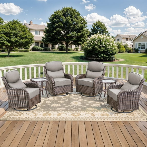 Planntonneo Outdoor Patio Swivel Rocker Chairs Set of 4 with 6-Inch Thick Cushion and 2 Rattan Table, 6pcs Wicker Patio Conversation Set for Porch Balcony Deck, Brown/Grey