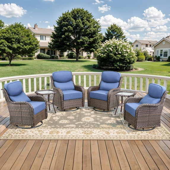 Planntonneo Outdoor Patio Swivel Rocker Chairs Set of 4 with 6-Inch Thick Cushion and 2 Rattan Table, 6pcs Wicker Patio Conversation Set for Porch Balcony Deck, Brown/Blue