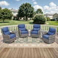 thumbnail image 1 of Planntonneo Outdoor Patio Swivel Rocker Chairs Set of 4 with 6-Inch Thick Cushion and 2 Rattan Table, 6pcs Wicker Patio Conversation Set for Porch Balcony Deck, Grey/Blue, 1 of 10