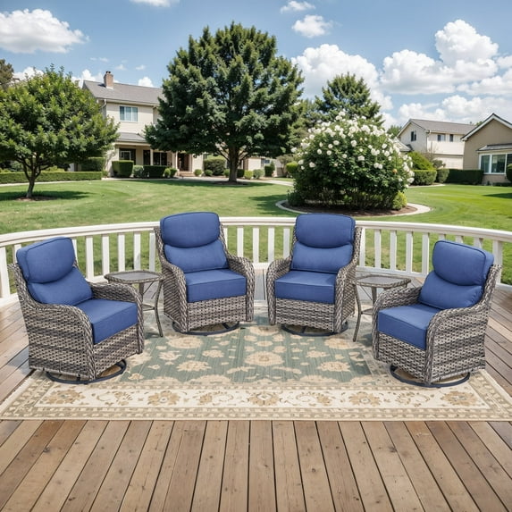 Planntonneo Outdoor Patio Swivel Rocker Chairs Set of 4 with 6-Inch Thick Cushion and 2 Rattan Table, 6pcs Wicker Patio Conversation Set for Porch Balcony Deck, Grey/Blue
