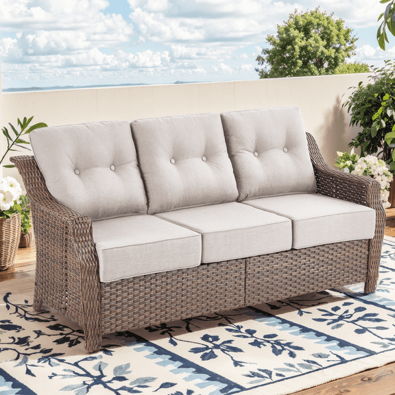 Planntonneo Outdoor Sofa Wicker Patio Deep Seat Couch with 6-Inch Beige Cushions