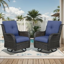 Planntonneo Outdoor Swivel Gliders Chair Set of 2, Patio Wicker High Back Swivel Rocker Chair with Navy Cushions for Balcony Deck Porch