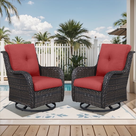 Planntonneo Outdoor Swivel Gliders Chair Set of 2, Patio Wicker High Back Swivel Rocker Chair with Red Cushions for Balcony Deck Porch