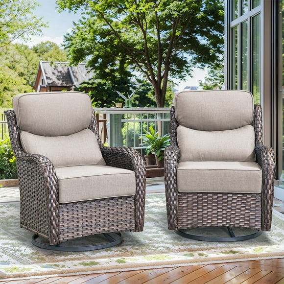 Planntonneo Outdoor Swivel Rocker Patio Chairs with 6 inch Thick Cushions, Patio Swivel Glider Chairs Set of 2 for Porch Balcony Deck, Brown/Beige