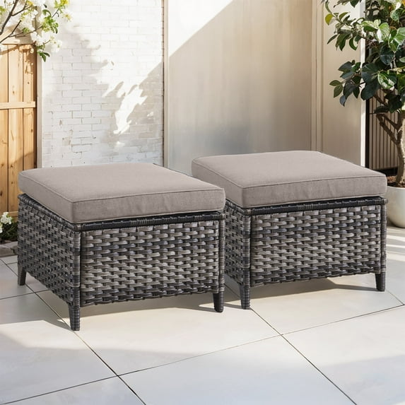 Planntonneo Outdoor Wicker Ottoman Set of 2, Patio Rattan Footrest Seat with Grey Cushions, Grey Wicker