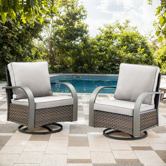 Planntonneo Outdoor Wicker Swivel Glider Chair Set of 2, Patio Rocking Chairs with Beige Cushions