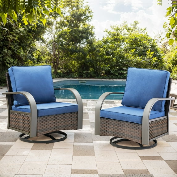 Planntonneo Outdoor Wicker Swivel Glider Chair Set of 2, Patio Rocking Chairs with Blue Cushions
