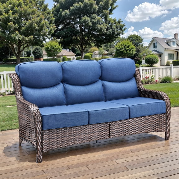 Planntonneo Patio Sofa All-Weather Wicker Deep Seating Outdoor Couch with 6-inch Cushions, Brown/Blue