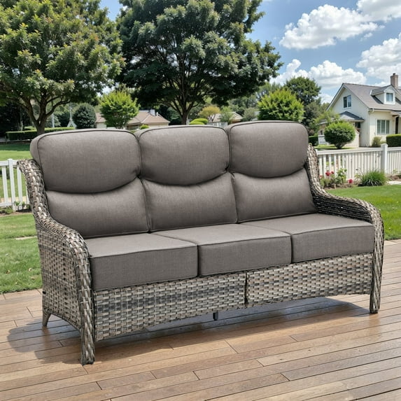 Planntonneo Patio Sofa All-Weather Wicker Deep Seating Outdoor Couch with 6-inch Cushions, Grey/Grey
