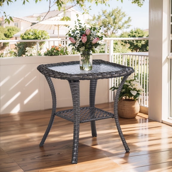Planntonneo Patio Wicker Side Table, Outdoor Rattan End Table for Living Room Outside Balcony Porch Backyard Deck, Grey