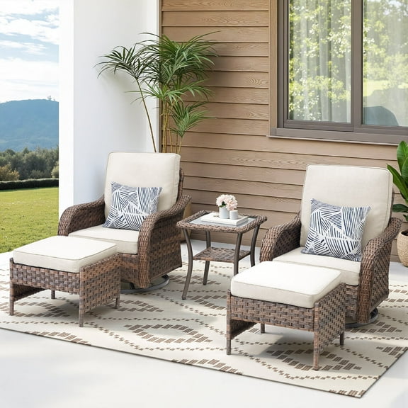 Planntonneo Patio Wicker Swivel Rocker Rocking Chairs with Ottomans and Side Table, Outdoor Rattan Furniture Set for Balcony Deck Backyard, Beige