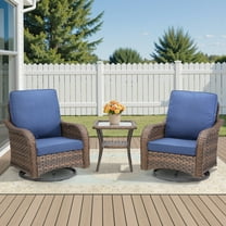 Planntonneo Patio Wicker Swivel Rocker Set of 3, Outdoor Rocking Chairs with Rattan Table for Balcony Deck Backyard, Blue Cushions