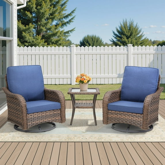 Planntonneo Patio Wicker Swivel Rocker Set of 3, Outdoor Rocking Chairs with Rattan Table for Balcony Deck Backyard, Blue Cushions