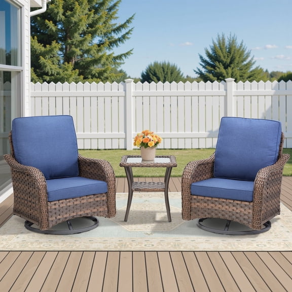 Planntonneo Patio Wicker Swivel Rocker Set of 3, Outdoor Rocking Chairs with Rattan Table for Balcony Deck Backyard, Blue Cushions