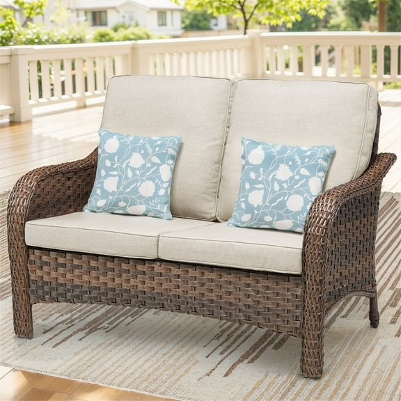 Planntonneo Wicker Outdoor 2 Seater Sofa, Patio Deep Seat Rattan Loveseat with Beige Cushions