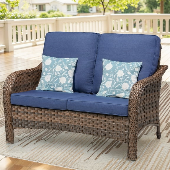 Planntonneo Wicker Outdoor 2 Seater Sofa, Patio Deep Seat Rattan Loveseat with Blue Cushions