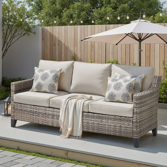 Planntonneo Wicker Outdoor 3 Seater Sofa, Patio Deep Seat Rattan Couch with Beige Cushions